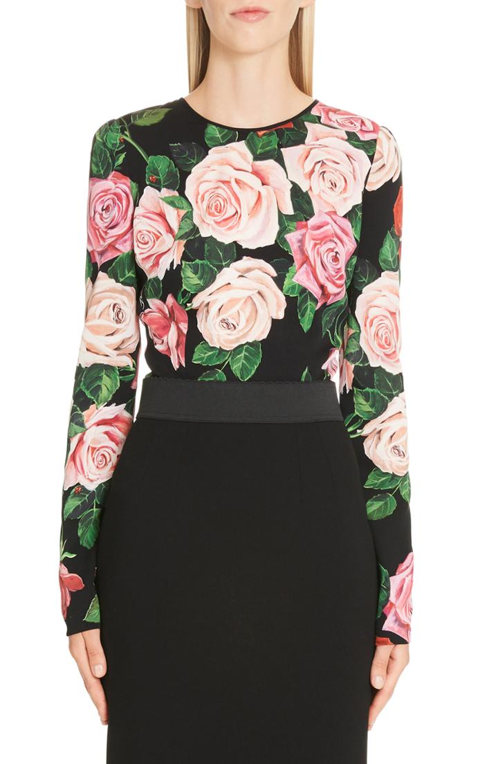Women's Dolce & Gabbana Rose Print Stretch Silk Top Us / 40 It - Black