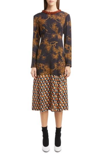 Women's Dries Van Noten Beaded Neck Print Midi Dress Us / 34 Fr - Brown