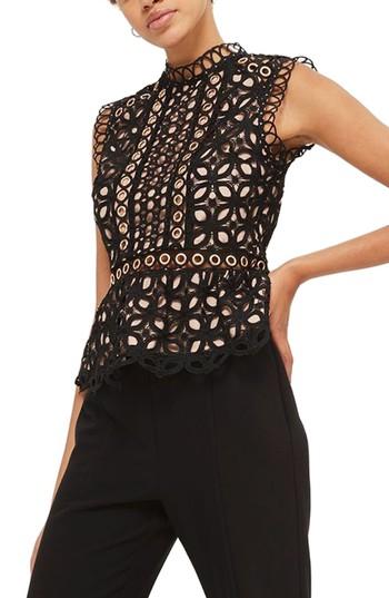 Women's Topshop Eyelet Lace Shell Blouse Us (fits Like 0-2) - Black