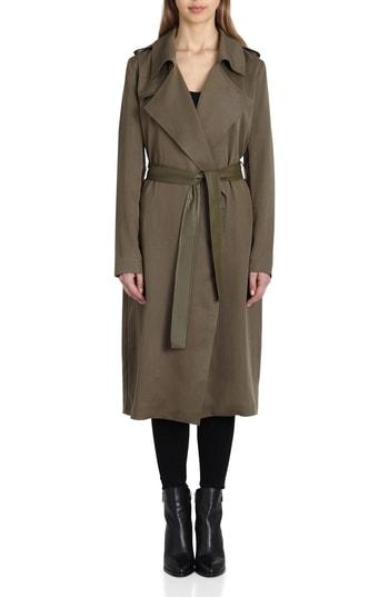 Women's Badgley Mischka Faux Leather Trim Long Trench Coat, Size - Green