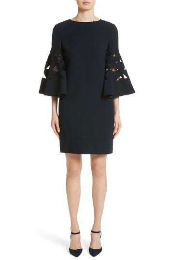 Women's Oscar De La Renta Cutout Bell Sleeve Stretch Wool Crepe Shift Dress - Blue