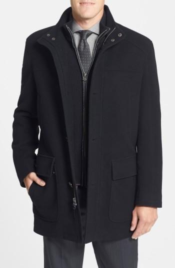 Men's Cole Haan Wool Blend Top Coat With Inset Bib, Size - Black