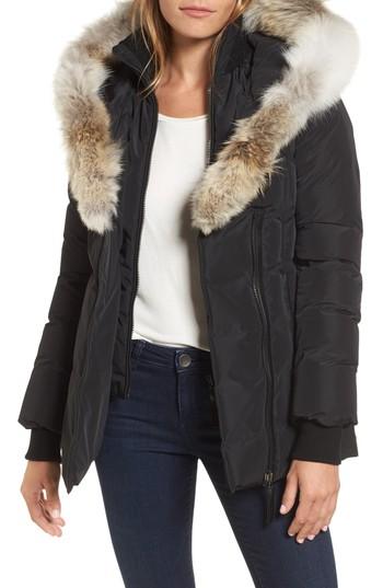 Women's Mackage Hooded Down Parka With Inset Bib & Genuine Coyote Fur Trim, Size - Black