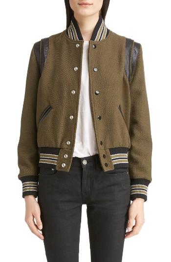 Women's Saint Laurent Leather Trim Classic Teddy Jacket Us / 34 Fr - Green