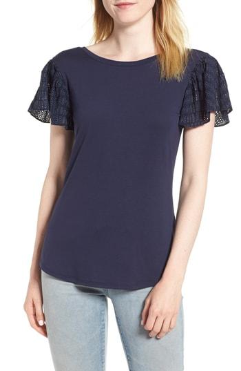 Women's Hinge Eyelet Flutter Sleeve Tee, Size - Blue