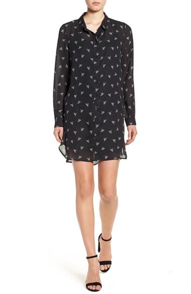 Women's Press Crane Print Long Sleeve Shirtdress