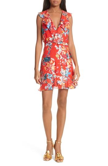 Women's Saloni Cece Floral Print Ruffle Trim Dress - Red