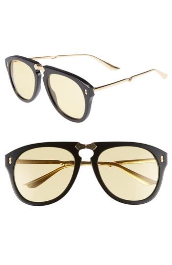 Women's Gucci 56mm Aviator Sunglasses - Black/ Gold/ Green