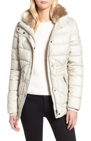 Women's Barbour Langstone Faux Fur Trim Quilted Coat Us / 8 Uk - Ivory