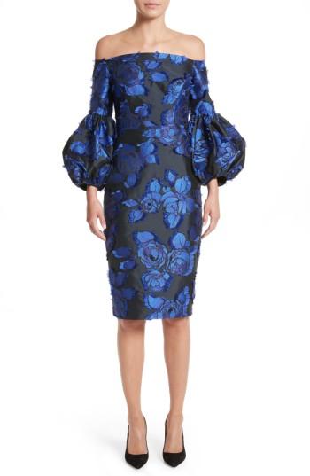 Women's Lela Rose Fring Brocade Puff Sleeve Dress