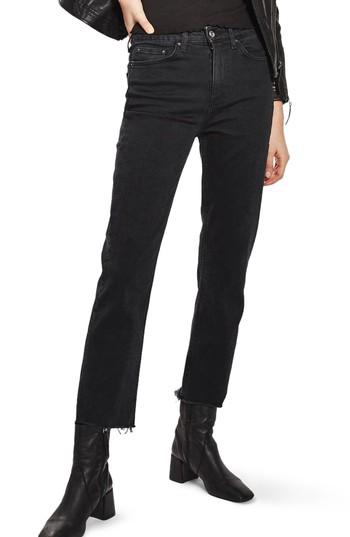 Women's Topshop Raw Hem Straight Leg Jeans X 30 - Black