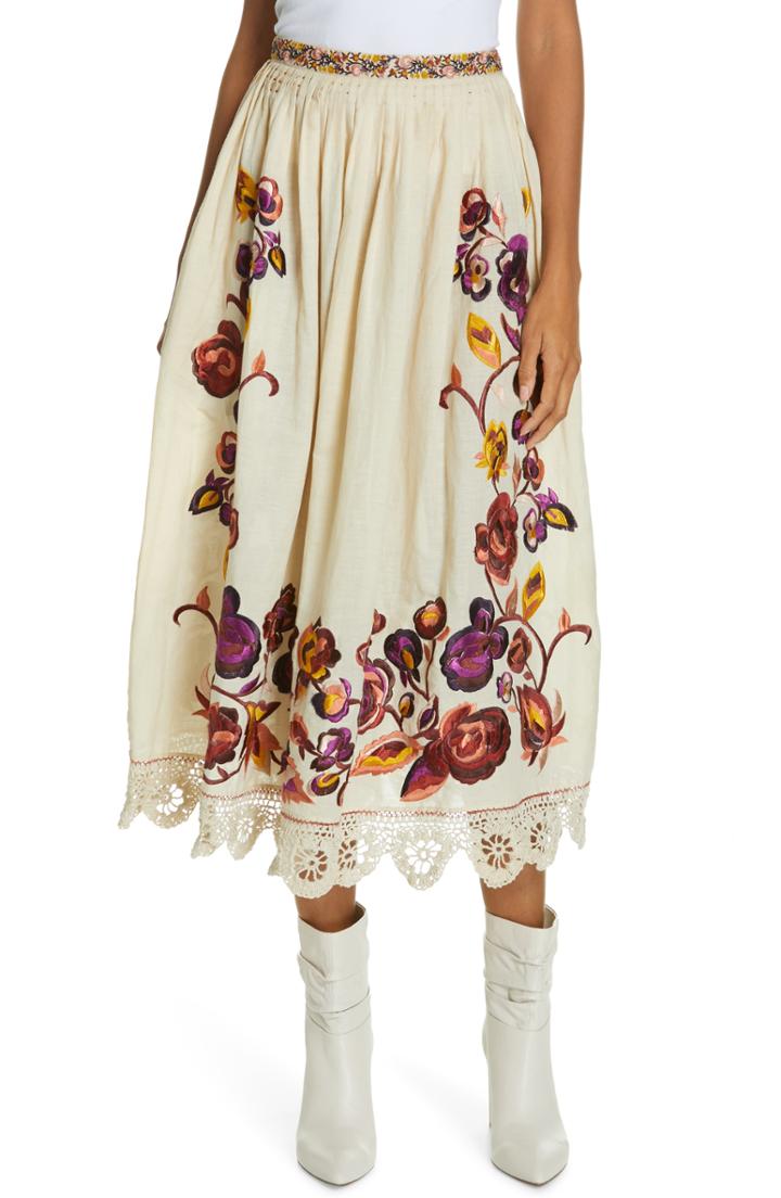 Women's Ulla Johnson Yana Floral Embroidered Linen & Cotton Midi Skirt - Ivory