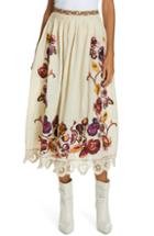 Women's Ulla Johnson Yana Floral Embroidered Linen & Cotton Midi Skirt - Ivory