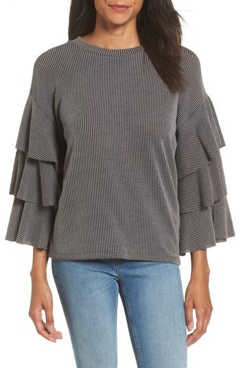 Women's Ribbed Ruffle Sleeve Top - Black