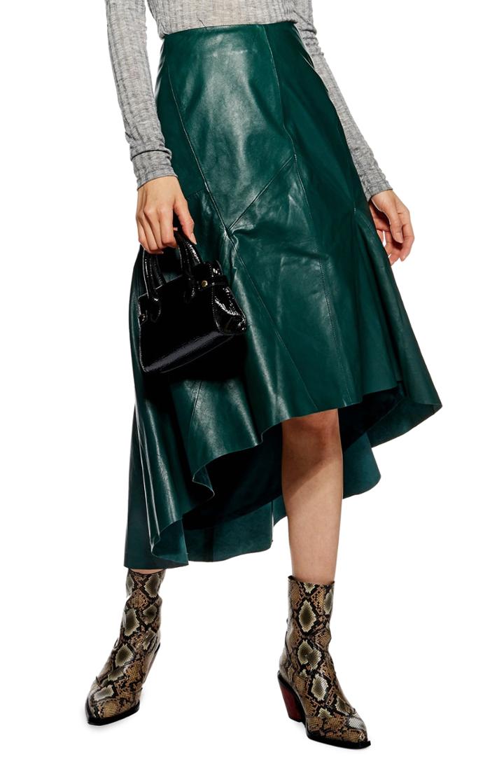 Women's Topshop Leather Midi Skirt Us (fits Like 2-4) - Green