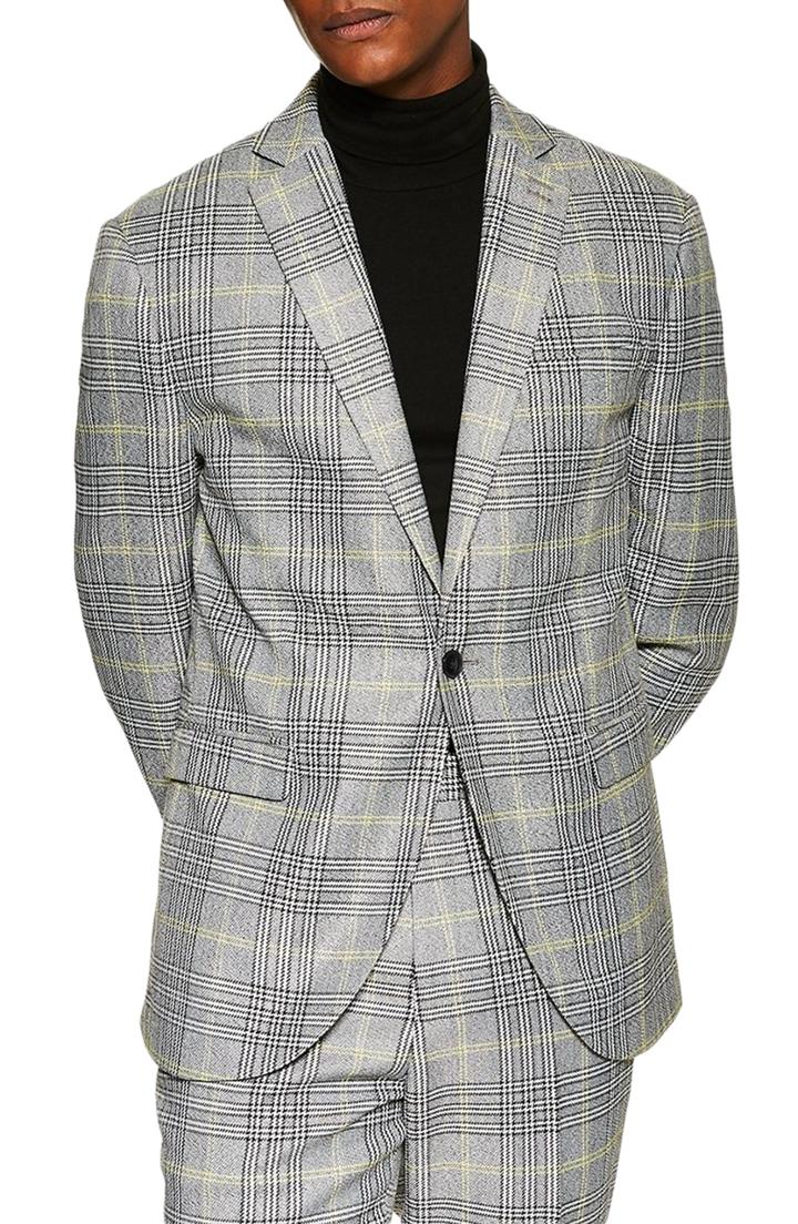 Men's Topman Single Breasted Check Slim Blazer 32 - Grey