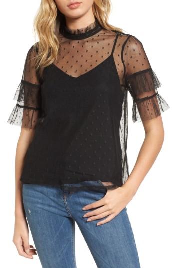 Women's Leith Ruffle Sleeve Mesh Top - Black