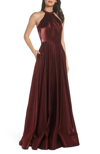 Women's La Femme Beaded Halter Neck A-line Gown