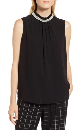 Women's Karl Lagerfeld Paris Faux Pearl Collar Sleeveless Blouse - Black