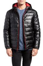Men's Cole Haan Quilted Faux Leather Hooded Puffer Jacket, Size - Black