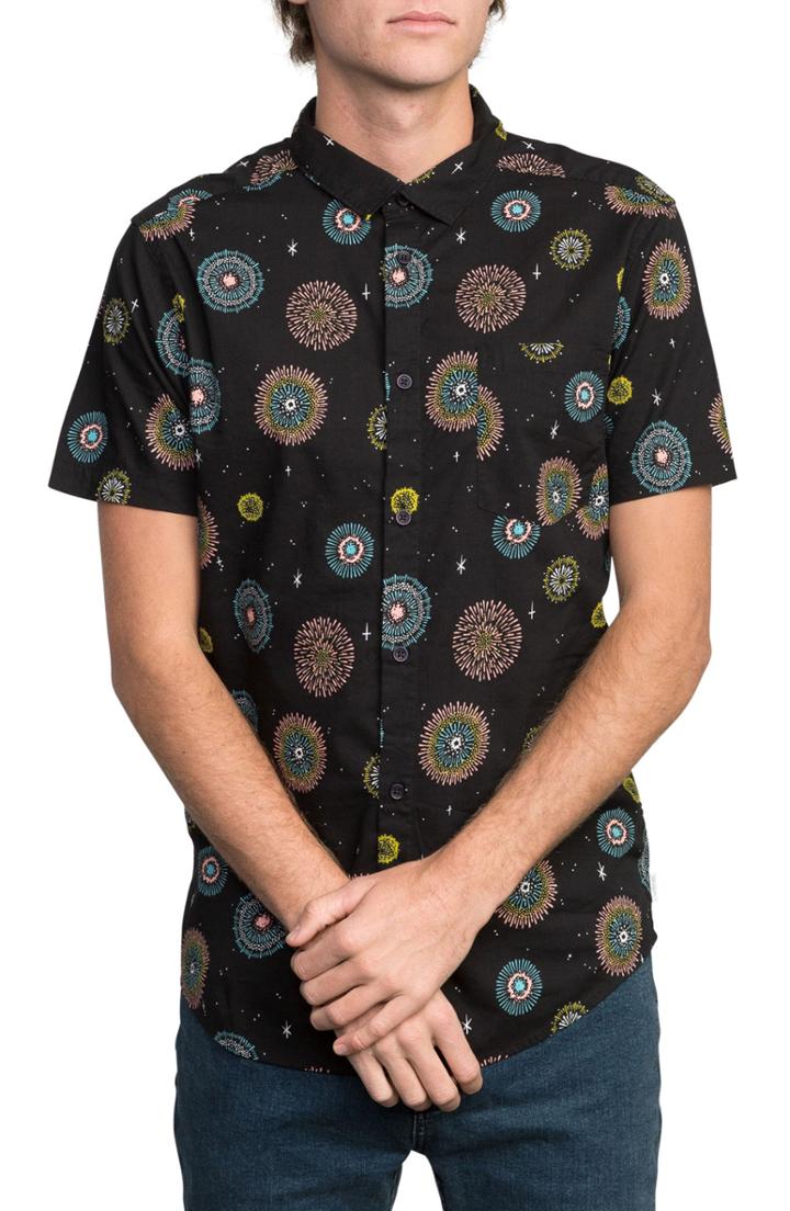 Men's Rvca Fireworks Print Camp Shirt, Size - Black