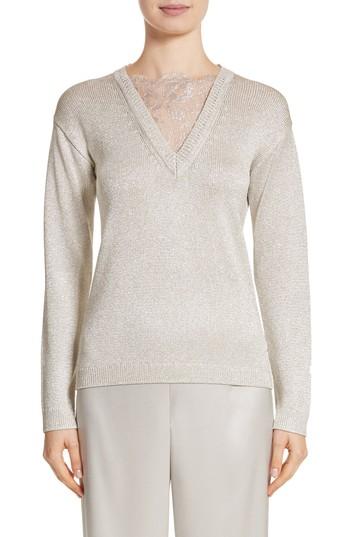 Women's St John Collection Metallic Jersey Knit Sweater, Size - Grey