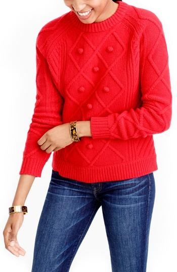 Women's J.crew Hawthorne Cable Pom-pom Sweater - Red