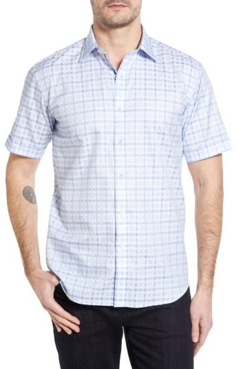 Men's Bugatchi Shaped Fit Tonal Plaid Short Sleeve Sport Shirt - Blue