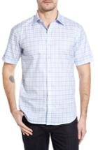 Men's Bugatchi Shaped Fit Tonal Plaid Short Sleeve Sport Shirt - Blue
