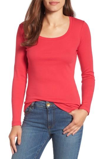Petite Women's Caslon 'melody' Long Sleeve Scoop Neck Tee, Size P - Red