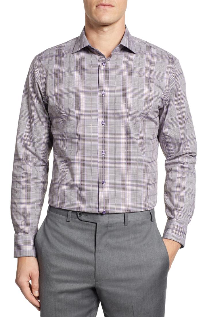 Men's Nordstrom Men's Shop Trim Fit Non-iron Plaid Dress Shirt - Purple