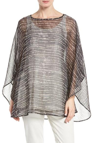 Women's Eileen Fisher Streaky Plaid Crinkled Silk Poncho, Size - Grey