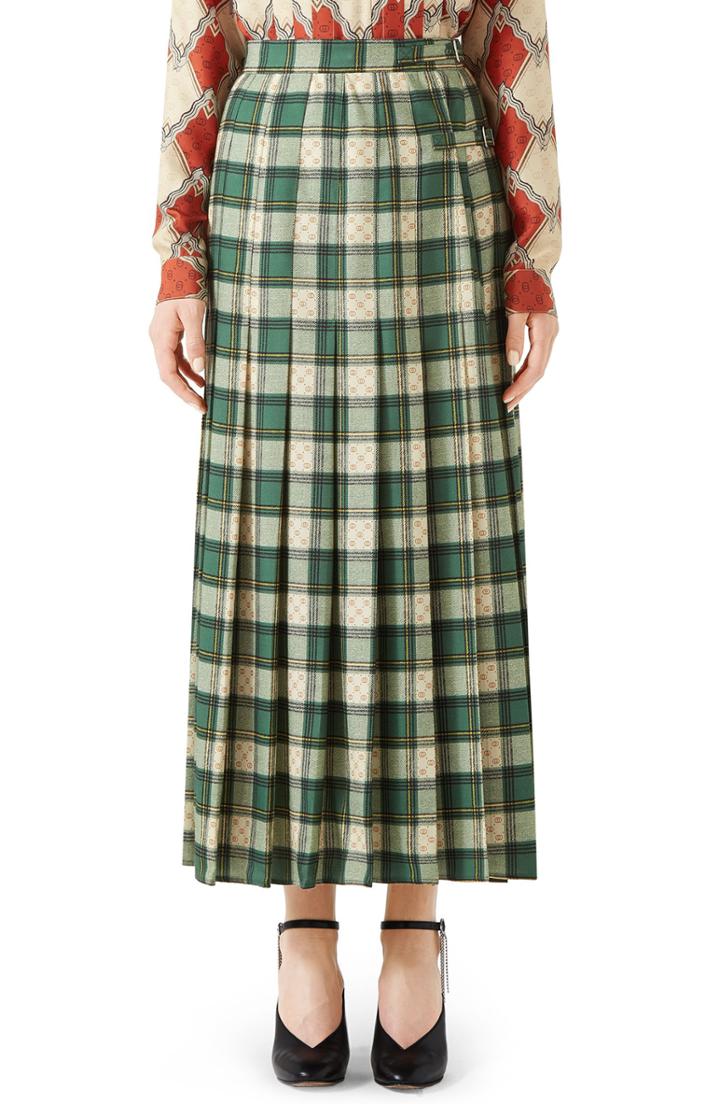 Women's Gucci Tartan Check Wool Twill Maxi Skirt Us / 48 It - Green