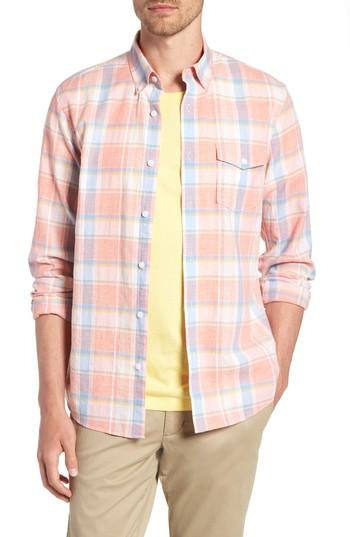 Men's 1901 Trim Fit Plaid Linen & Cotton Sport Shirt - Coral