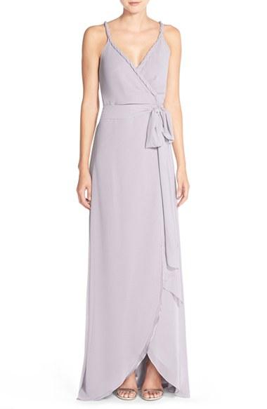 Women's Ceremony By Joanna August 'parker' Twist Strap Chiffon Wrap Gown - Grey