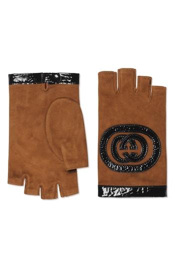Women's Gucci Logo Suede Fingerless Gloves - Black