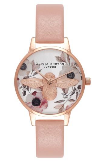 Women's Olivia Burton Bee Leather Strap Watch, 30mm