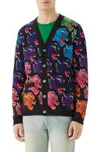 Men's Gucci Allover Panther Wool Cardigan - Black