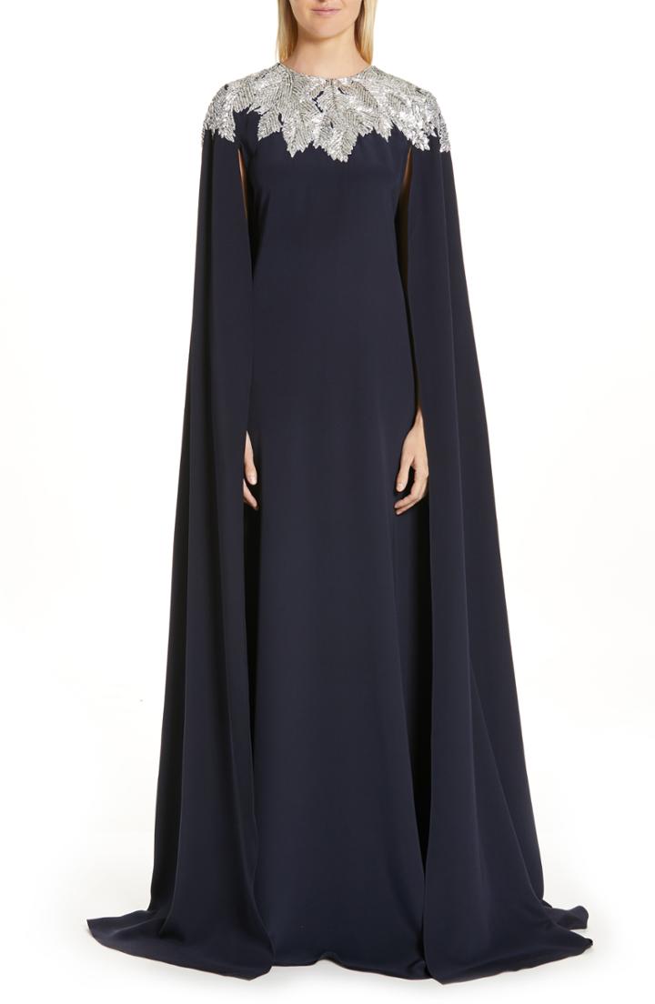 Women's Oscar De La Renta Embellished Cape Silk Gown - Blue