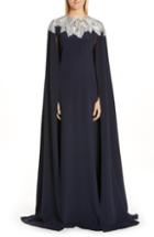 Women's Oscar De La Renta Embellished Cape Silk Gown - Blue