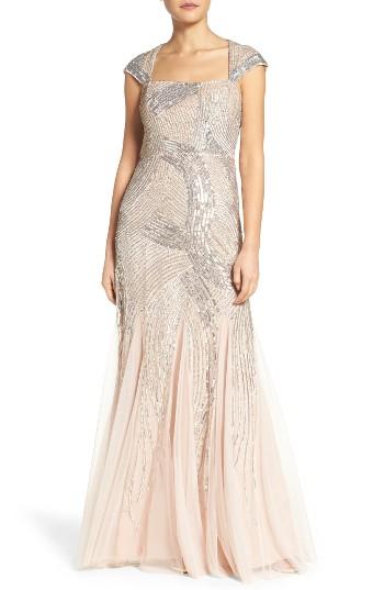 Petite Women's Adrianna Papell Embellished Mesh Gown P - Beige