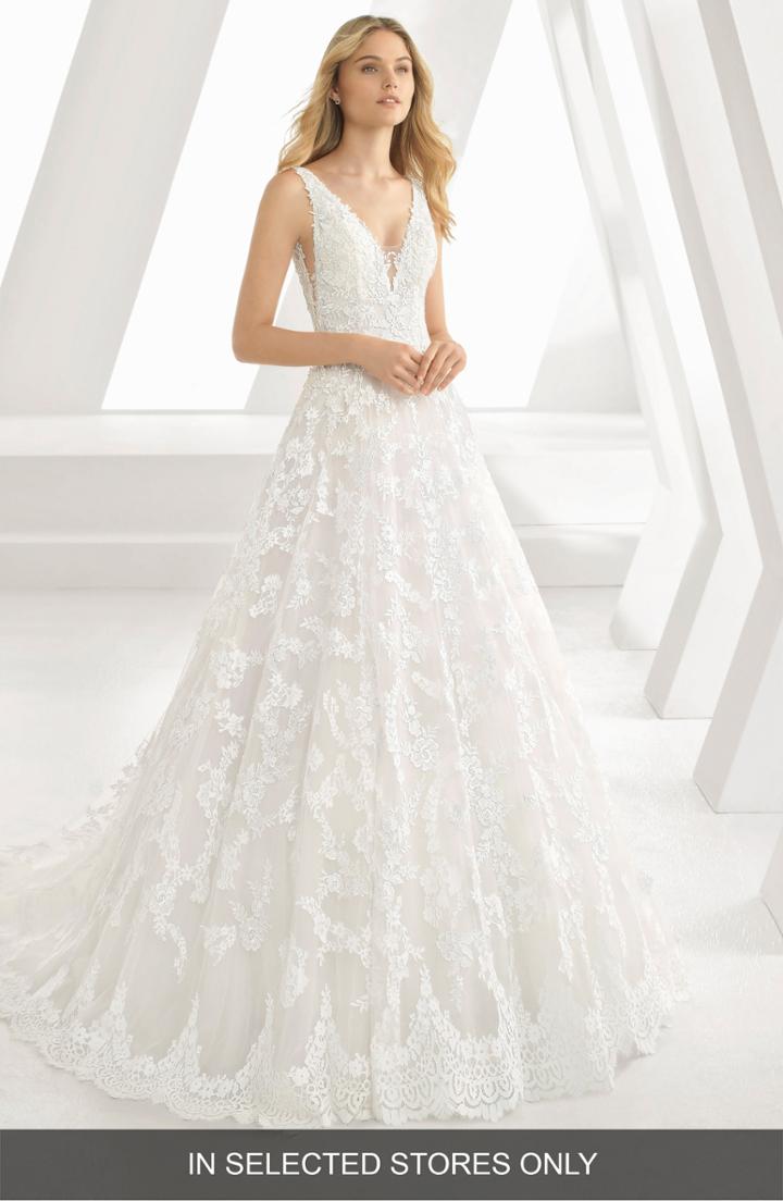 Women's Rosa Clara Denice Illusion V-neck Lace & Tulle Gown, Size - White