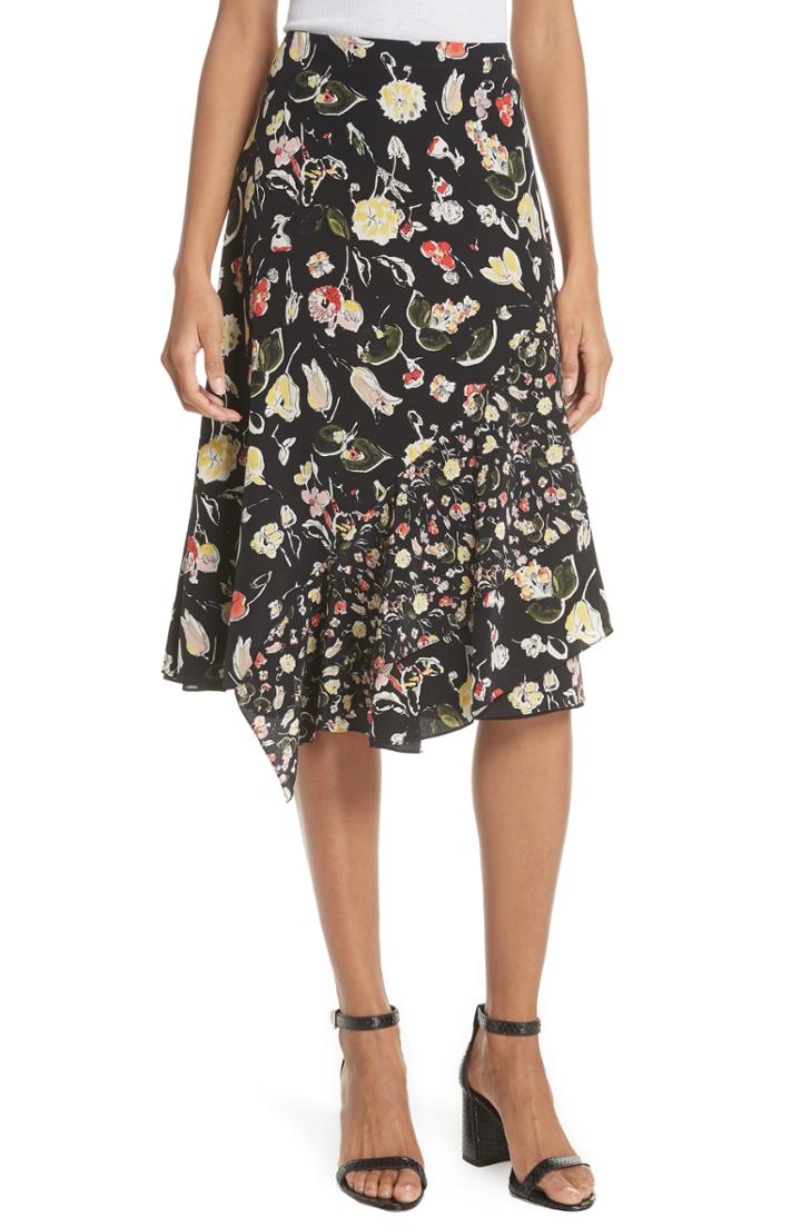 Women's Grey Jason Wu Painterly Floral Asymmetrical Silk Skirt - Black