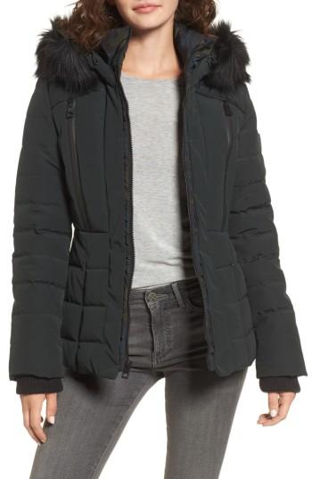 Women's Guess Quilted Hooded Puffer Coat With Faux Fur Trim - Green