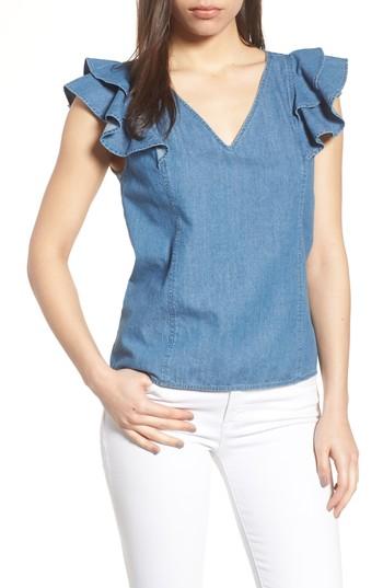 Women's Draper James Casual Chambray Ruffle Sleeve Top - Blue