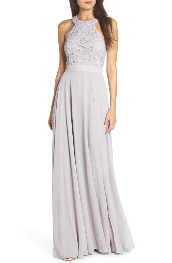 Women's Lulus Love Poem Lace Halter Gown - Grey