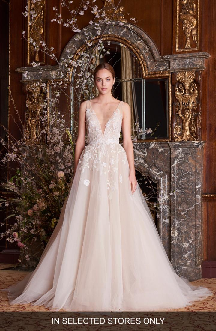 Women's Monique Lhuillier Clementine Embroidered Ballgown, Size - Ivory
