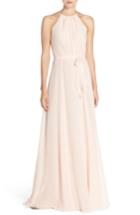 Women's Amsale 'delaney' Belted A-line Chiffon Halter Dress - Pink