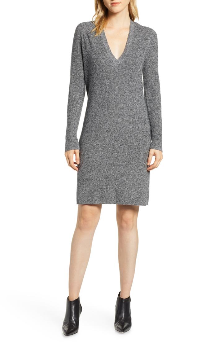 Women's Halogen V-neck Sweater Dress, Size - Black