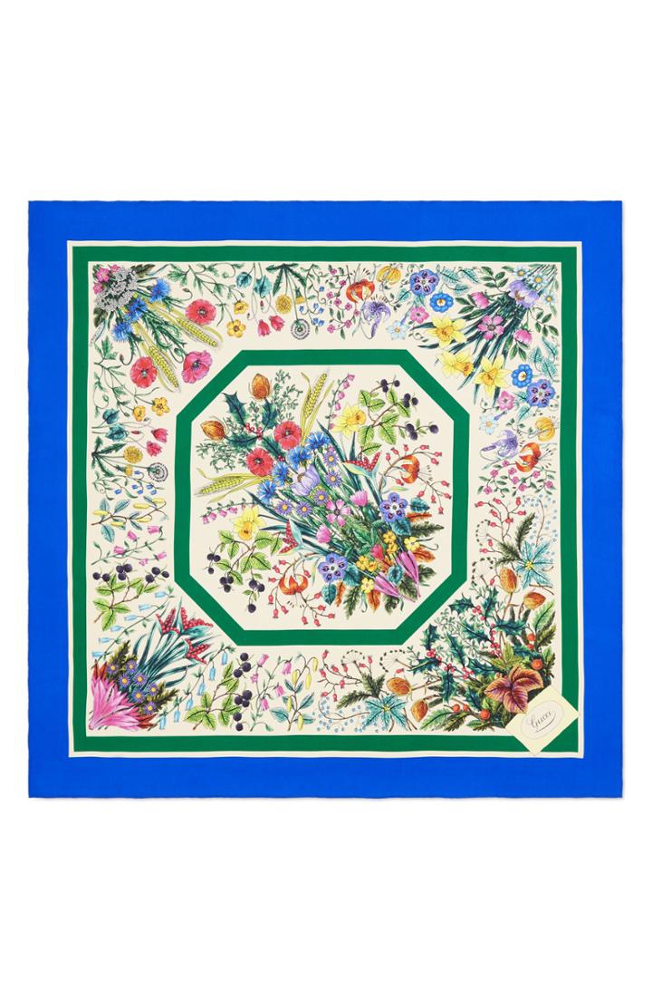 Women's Gucci Festival Floral Square Silk Scarf, Size - Blue